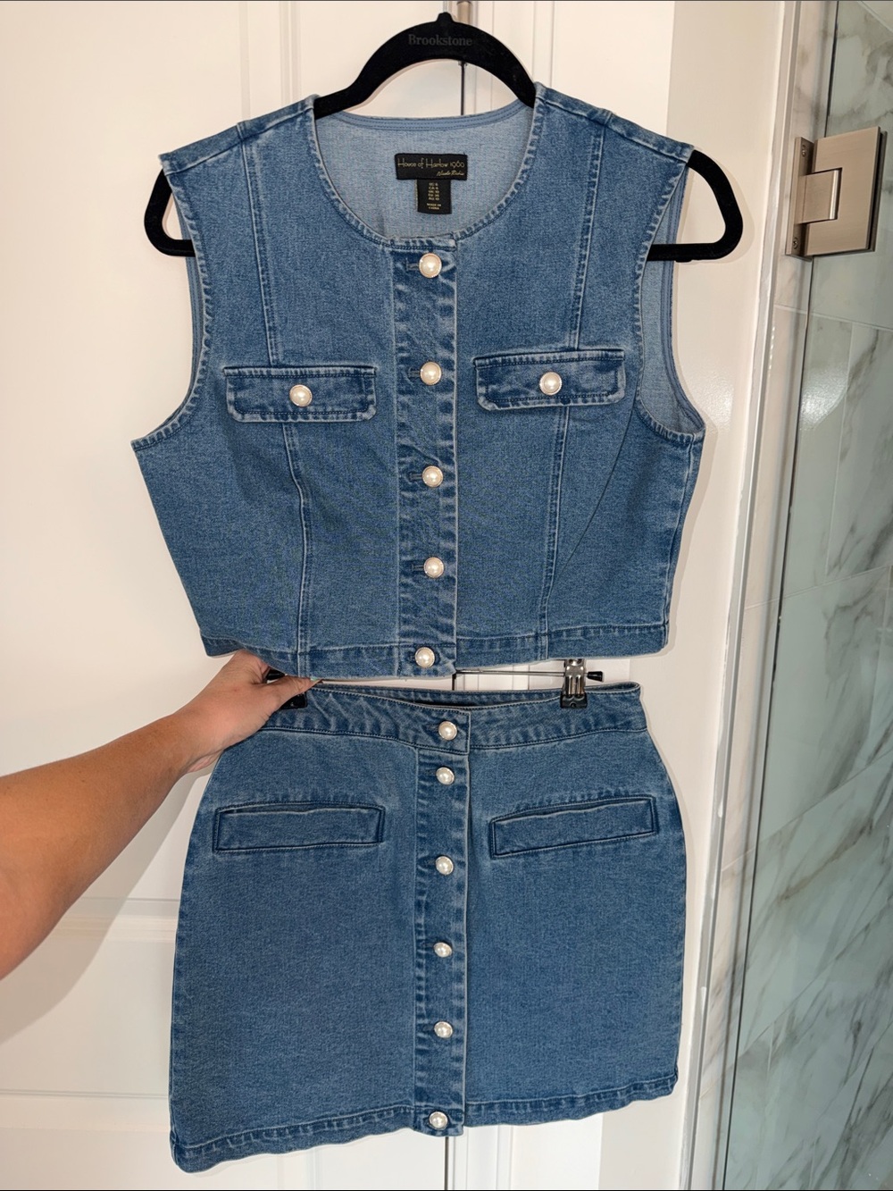 House of Harlow Button Denim Crop Vest & Skirt Set